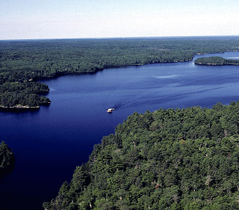Aerial view of boat on lake.
