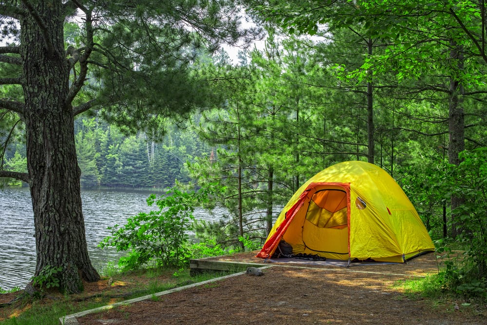 Yellow tent on primitive campsite near lake.